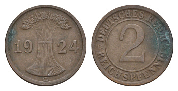 Германия 2 рейхспфеннига 1924 D KM 38, J.314, Weege 4 медь 4639-1225