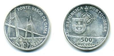 ПОРТУГАЛИЯ 500 ЭСКУДО 1998 МОСТ ВАСКО ДЕ ГАММА KM 705 серебро UNC 7-5-25-41