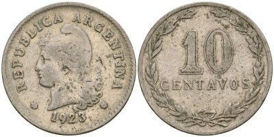 Аргентина 10 сентаво 1923 голова Свободы влево KM 35 медно-никель 220-749