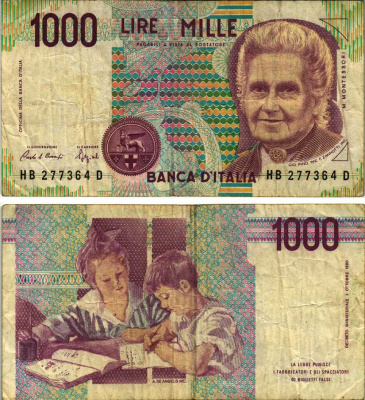 Италия 1000 лир 1990 Мария Монтессори Pick 114a бумага 8611-13-2