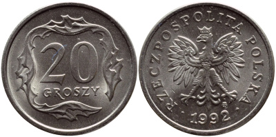 ПОЛЬША 20 ГРОШЕЙ 1992 MW KM 280 медно-никель UNC 26-847