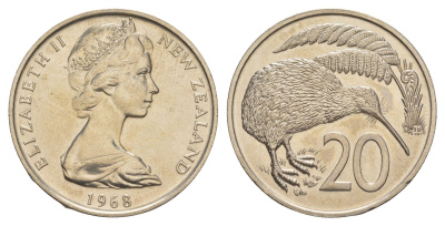 Новая Зеландия 20 центов 1968 Елизавета II (1952-2022), птичка киви, тираж 35.000 экземпляров KM 36 медно-никель BU 4112-426