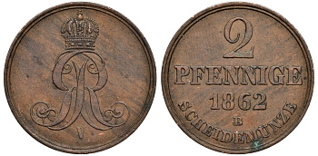 Брауншвейг-Каленберг-Ганновер 2 пфеннига 1862 B, Георг V (1851-1866) KM 234, AKS 153, J. 91 медь 4142-312