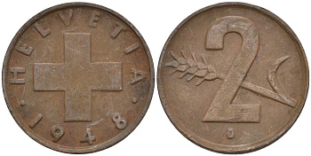 Швейцария 2 раппена 1948 В KM 47 бронза 4591-535