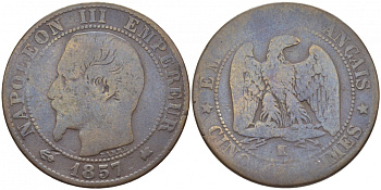 ФРАНЦИЯ 5 САНТИМОВ 1857 K, НАПОЛЕОН III (1852-1870) KM 777.5, LE FRANC 116.41 бронза 4448-121