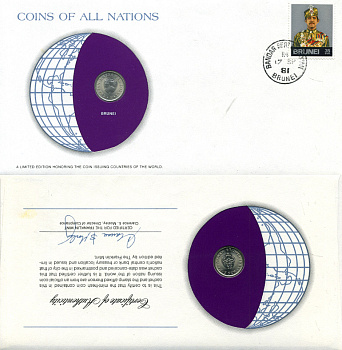 Бруней 5 сен 1981 КОНВЕРТ С МАРКОЙ ПЕРВОГО ДНЯ ГАШЕНИЯ, COINS OF NATIONS KM 16 медно-никель UNC 4294-64-3