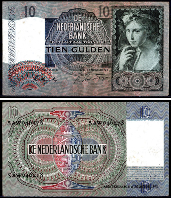 Нидерланды 10 гульденов 1941 Pick 56 b бумага 7551-36-2-2