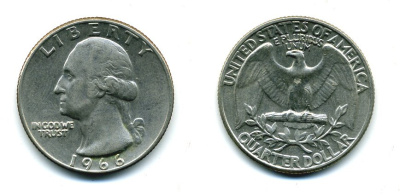 США 25 центов (квотер) 1966 Вашингтон KM 164a медь плакированная медно-никелем 46-1845