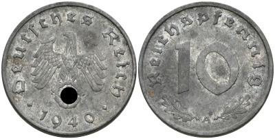 ГЕРМАНИЯ 10 РЕЙХСПФЕННИГОВ 1941 A J. 371, KM 101 цинк UNC 75-217