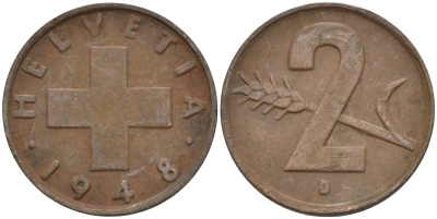 Швейцария 2 раппена 1948 В KM 47 бронза 4591-535