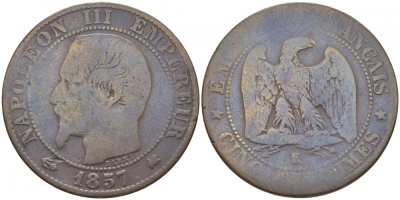 ФРАНЦИЯ 5 САНТИМОВ 1857 K, НАПОЛЕОН III (1852-1870) KM 777.5, LE FRANC 116.41 бронза 4448-121