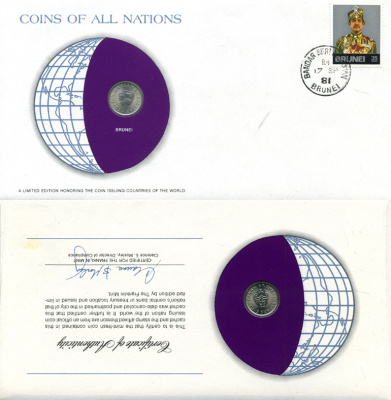 Бруней 5 сен 1981 КОНВЕРТ С МАРКОЙ ПЕРВОГО ДНЯ ГАШЕНИЯ, COINS OF NATIONS KM 16 медно-никель UNC 4294-64-3
