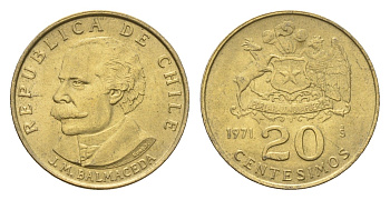 Чили 20 сентесимо 1971 KM 195 алюминиевая бронза UNC 4689-144