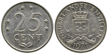 Нидерландские Антилы 25 центов 1971 Юлиана (1948-1980) KM 11 никель 220-436
