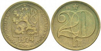ЧЕХОСЛОВАКИЯ 20 ГЕЛЛЕРОВ 1974 KM 74 латунь 3309-659