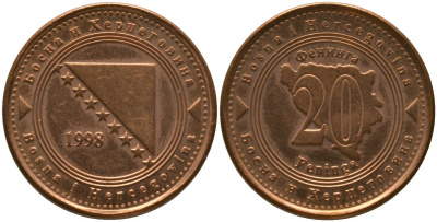 Босния и Герцеговина 20 фенингов 1998 KM 116 сталь плакированная медью 4551-822