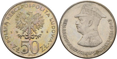 Польша 50 злотых 1981 MW, военачальники Второй мировой войны - Владислав Сикорский Y 122 медно-никель 4157-1034