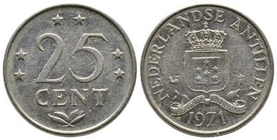 Нидерландские Антилы 25 центов 1971 Юлиана (1948-1980) KM 11 никель 220-436