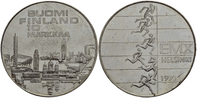 Финляндия 10 марок 1971 S-H, X Чемпионат Европы по легкой атлетике KM 52 серебро UNC 633-611