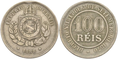 БРАЗИЛИЯ 100 РЕЙС 1888 ПЕДРО II (1831-1889) KM 483 медно-никель 4529-531