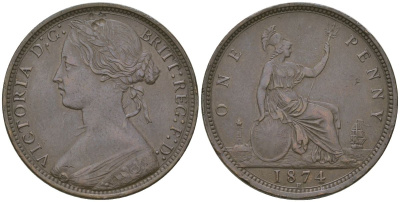 Великобритания 1 пенни 1874 H, Виктория (1837-1901) KM 749.2, Spink 3954 бронза 4590-842