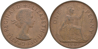 Великобритания 1 пенни 1967 Елизавета II (1952-2022) КМ 897, Spink 4157 бронза 4144-934