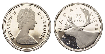 Канада 25 центов 1986 Елизавета II (1952-2022), олень KM 74 никель PROOF 413-4243