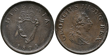 Ирландия 1/2 пенни 1805 Георг III (1760-1820) KM 147.1 медь 1517-1323