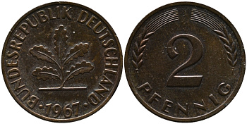 ФРГ 2 пфеннига 1967 J KM 106, J.381 бронза 99-148
