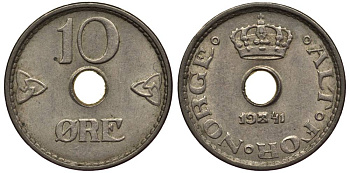Норвегия 10 эре 1941 Хокон VII (1905-1957) KM 383 медно-никель 4549-951