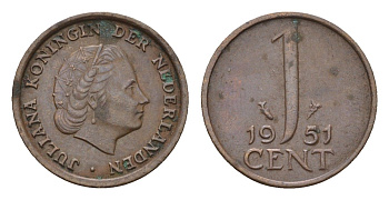 Нидерланды 1 цент 1951 Юлиана (1948-1980) KM 180 бронза 206-344