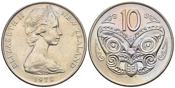 Новая Зеландия 10 центов 1970 Елизавета II (1952-2022), маска маори KM 41.1 медно-никель  UNC  4182-1057