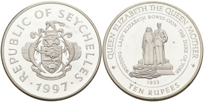 Сейшельские острова 10 рупий 1997 королевская свадьба Георга VI и Елизаветы Боуз-Лайон, 1923 год KM 90 серебро PROOF 1096-1-65