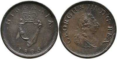 Ирландия 1/2 пенни 1805 Георг III (1760-1820) KM 147.1 медь 1517-1323