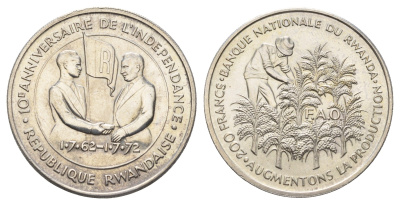 Руанда 200 франков 1972 10 лет Независимости KM 11 серебро BU 1519-1434