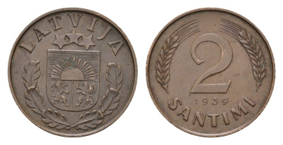 Латвия 2 сантима 1939 KM 11.2 бронза 4679-264