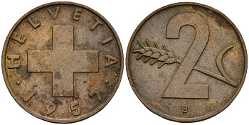 Швейцария 2 раппена 1957 B KM 47 бронза 4152-1063