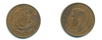 Великобритания 1/2 пенни 1942 Георг VI (1936-1952) KM 844, Spink 4115 бронза 59-1016