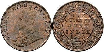 Британская Индия 1/4 анна 1936 Георг V (1910-1936) KM 512 бронза UNC 94-246