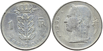 БЕЛЬГИЯ 1 ФРАНК 1956 BELGIQUE KM 142.1 медно-никель 4388-227