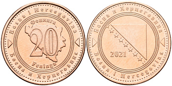 Босния и Герцеговина 20 фенигов 2021 KM 116 сталь плакированная медью UNC 4514-1251