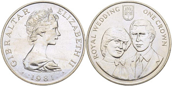 Гибралтар 1 крона 1981 королевская свадьба принца Чарльза и леди Дианы Спенсер, 29 июля 1981 года KM 14 медно-никель UNC 4527-435