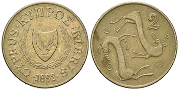 Кипр 2 цента 1992 KM 54.3 никель латунь 4618-635