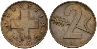 Швейцария 2 раппена 1957 B KM 47 бронза 4152-1063