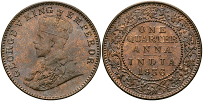 Британская Индия 1/4 анна 1936 Георг V (1910-1936) KM 512 бронза UNC 94-246