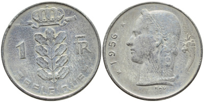 БЕЛЬГИЯ 1 ФРАНК 1956 BELGIQUE KM 142.1 медно-никель 4388-227