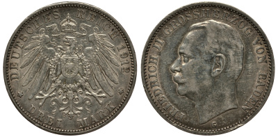 Баден 3 марки 1912 Фридрих II (1907-1918) J. 39, KM 280 серебро    3711-1733