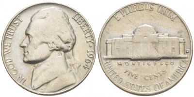 США 5 ЦЕНТОВ 1964 ДЖЕФФЕРСОН KM А192 медно-никель 4546-1137