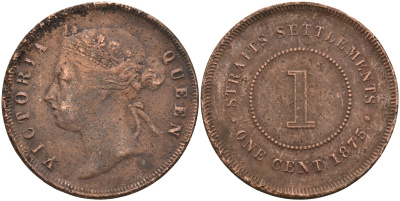 Стрейтс-Сетлментс 1 цент 1875 Виктория (1837-1901), Ост-Индская компания KM 9 медь 4590-422