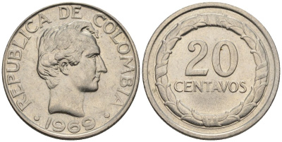 Колумбия 20 сентаво 1969 KM 227, Restrepo?394-2b сталь плакированная никелем 4514-412